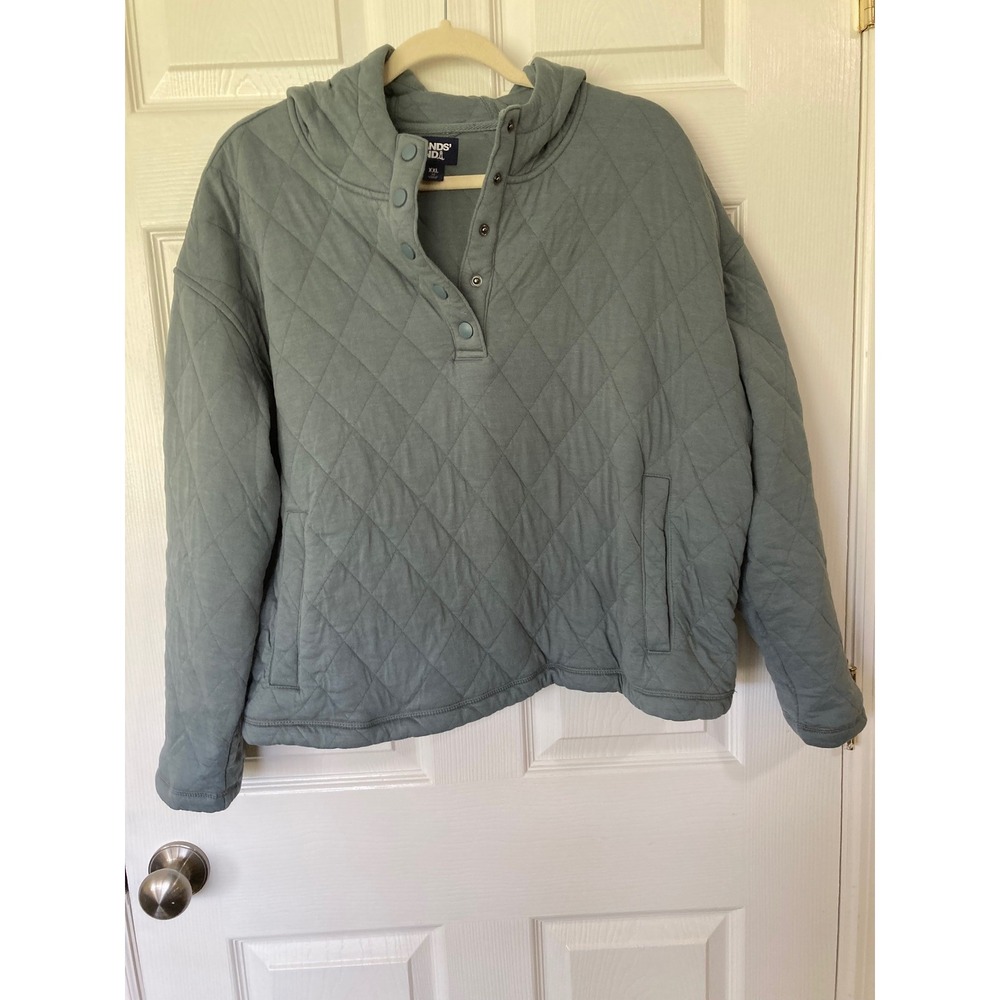 Lands End Women XXL Quilted Snap Neck Hoodie Sage Green Pullover Sweatshirt
